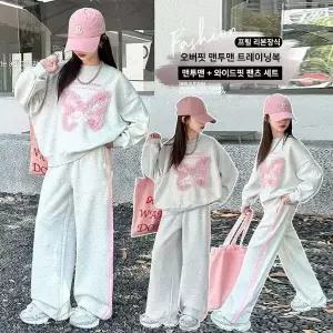 UPPERCUT 여아 오버핏 맨투맨 상하복세트 봄가을 트레이닝복 초등여아 와이드팬츠 프릴 리본장식 운동복