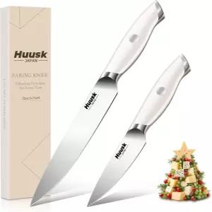 휴스크 파링 나이프 세트 2PCS - 면도기 샤프 5인치 주방 및 3.5인치 필링 인체공학적 흰색 손잡이가 있는