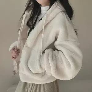양털 퍼 세미크롭 후드집업 여성 겨울 아우터 양털 퍼 세미크롭