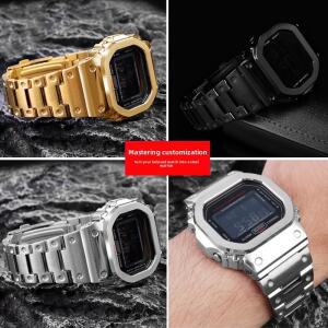 DW5600 모드 키트 스테인레스 스틸 케이스 스트랩 G-SHOCK 카시오 3299 금속 시계 체인 베젤 도구 포함