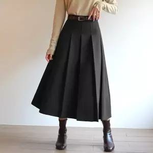 가나슈 헤링본 모직 핀턱 플레어 플리츠 롱 스커트 주름치마