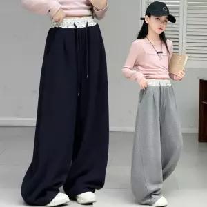 키즈목마 봄 가을 여아용 초등생 트렌디 와이드 밴딩 긴바지 츄리닝 주니어 캐주얼 트레이닝 팬츠 1010