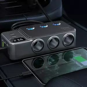 엑스트라 120W 차량용 3구 5포트 초고속 멀티 시거잭 충전기 8in1 (소켓3개 + C타입 2개 + USB-A 3개) LED 디스플레이 PPS 3.0 퀵차지 MX490 혼카