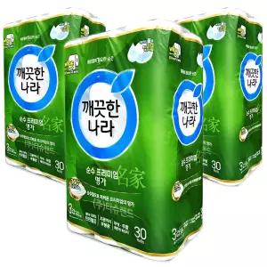깨끗한나라 순수 프리미엄 명가 3겹 와이드 화장지 30m 30롤 x3개 두루마리 롤 휴지