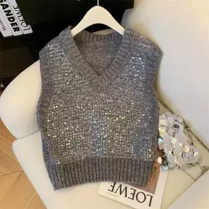 여성 패션 브이넥 니트 조끼 가을 겨울 데일리 오버핏 스팽글 반짝이 민소매 베스트 YF102131