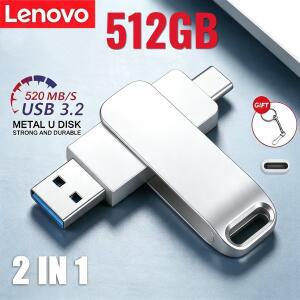 레노버 512GB USB 3.2 2 in 1 플래시 드라이브 U 디스크 256GB 고속 메탈 방수 타입-C 메모리아 스틱