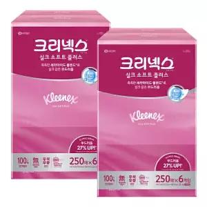 크리넥스 실크소프트 250매 6입 2팩 총 12개 천연펄프 미용티슈 각티슈 곽티슈