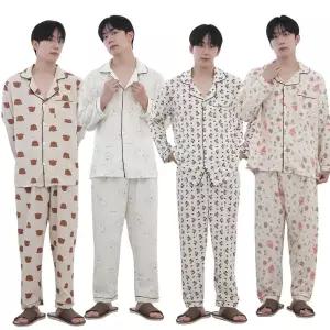 남성 포포면 긴팔 파자마 상하세트 곰돌이 잠옷 단추