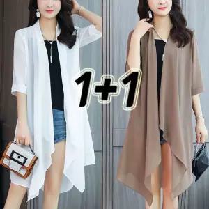 2SET (1+1) 여성 루즈핏 캐주얼 쉬폰 롱 카디건 코트 빅사이즈 S-3XL 여자 언발 시원한 셔츠 가디건