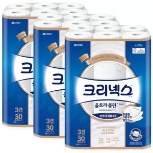 크리넥스 3겹 울트라클린 화이트 비데티슈 화장지 30m 30롤 x3개