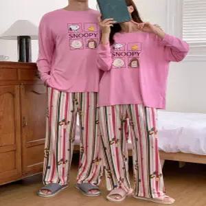 (무배)남여공용 스누피 캐릭터 긴팔 배색 스트라이프 간절기 라운드 피치 잠옷 상하 세트