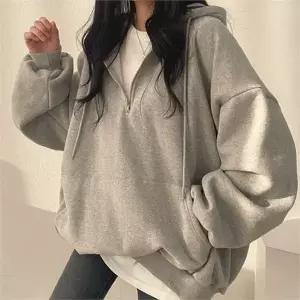 루즈핏 후드 티 데일리 박시핏 캐주얼 여성 반집업 후드 티 지퍼 가을 꾸안꾸 편안한 라운드 맨투맨 오버핏