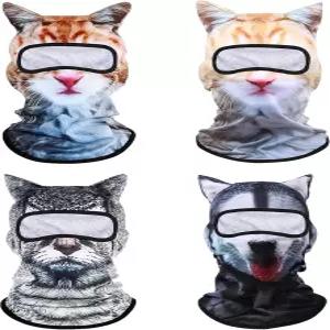 HEQFOLD 4개입 고양이 스키 마스크 3D 프린팅 동물 귀여운 귀가 달린 얼굴 바라클라바