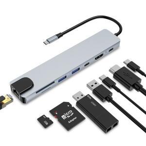 8-In-1 Type C-HDMI 호환 허브 도킹 스테이션 USB C RJ45 이더넷 3.0 포트 SD/TF 카드 리더기 PD