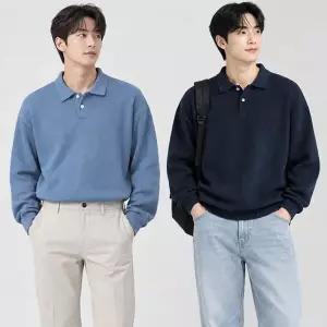 [디바옴므]베이직 투버튼 카라넥 니트 오버핏 티셔츠 맨투맨 남성 남자