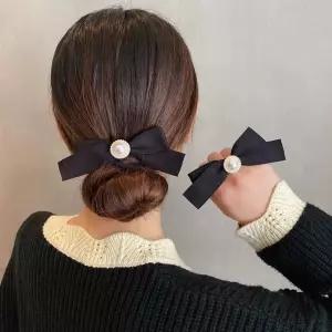 진주 포인트 리본 머리끈 헤어끈 블랙 1P