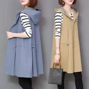 M-4XL 중년여성 미디움 후드 베스트 조끼 빅사이즈 봄 가을 민소매 바람막이 점퍼 데일리 롱조끼 여성 상의