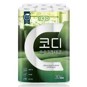 코디 순수 3겹 데코 화장지 30롤 30m 두루마리 휴지 물에잘녹는 비데