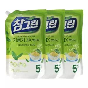 참그린 기름기 3X 뽀드득 녹차 레몬 주방세제 1.2L 리필 3개