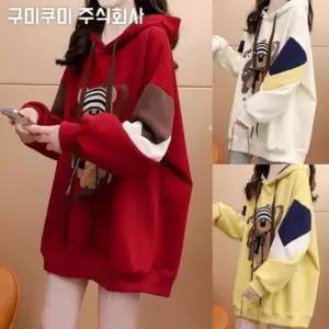 150kg까지 빅사이즈 여성 곰돌이 폼폼 입체 프린트 후드티 긴팔티 가을 겨울 편한 귀여운 스트링 배색 디자