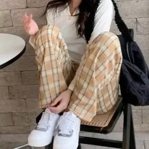 여성 양털 체크 수면바지 밴딩 와이드 팬츠 파자마 잠옷 겨울 홈웨어 라운지
