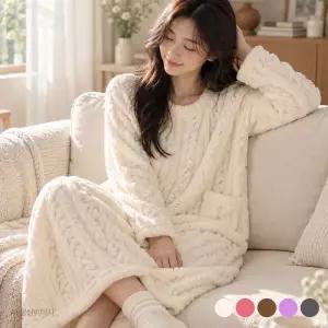 겨울 여성 수면 잠옷 극세사 원피스 기모 파자마 긴팔 롱 따뜻한 후리스 홈웨어 밍크 빅사이즈 보온 실내복