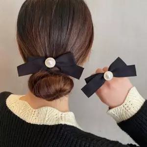 (다올)블랙 진주 포인트 리본 머리끈 헤어끈 1P