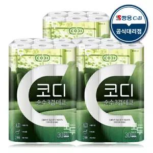 코디 순수 3겹 데코 30Mx30롤x3팩 화장지 휴지