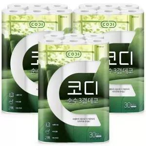 쌍용씨앤비 CODI 코디 순수 데코 3겹 30m 30롤 3팩 순수한 화장지 휴지