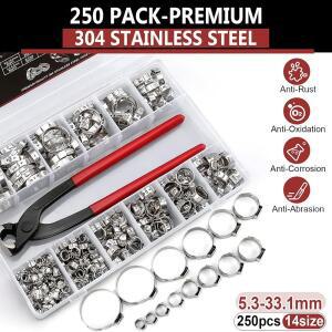 250PCS 단일 귀 호스 클램프 5.3-33.1mm 304 스테인레스 스틸 키트 자동차 파이프 라인 무단 적합