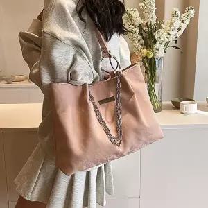 여자 더블 체인 스퀘어 가죽 토트 숄더백