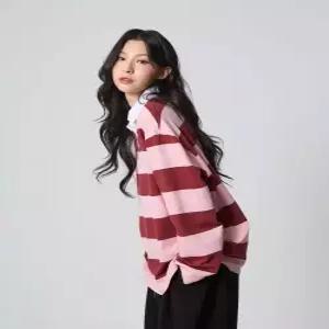 unknownplanet 스트라이프 럭비 카라 셔츠 핑크