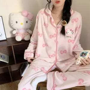 Hello Kitty헬로키티 겨울 극세사 홈웨어 부드러운 긴팔잠옷 슈트