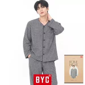 BYC 남자 잠옷 세트 순면 기모 긴팔 체크 가을 겨울 남성 파자마 홈웨어 상하 빅사이즈 NCG1211