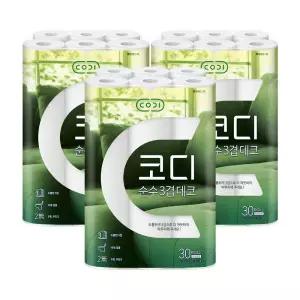 코디 순수 3겹 데코 두루마리 휴지 화장지 30M 30롤 X 3개