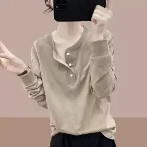 순면 라운드넥 루즈핏 반오픈 단추 긴팔 티셔츠 중년여성 봄가을 환절기 기본 면티 빅사이즈