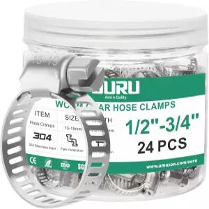 OURU 24PCS 호스 클램프 스테인리스 스틸 조절 가능 1/2 3/4 13-19mm 웜 기어 자동차용 헤비 듀티 금속