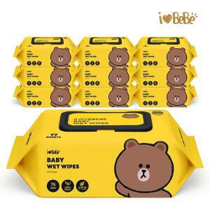 [아이러브베베]레이온100% 75g 라인프렌즈 브라운 77매 10팩 캡형 아기물티슈