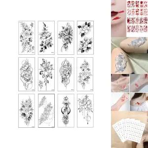 흑백 대형 타투스티커 12종세트 장미 꽃 여름 패션/소형/성인/바디/발목/손목/해나/예쁜/타투/스티커/디자
