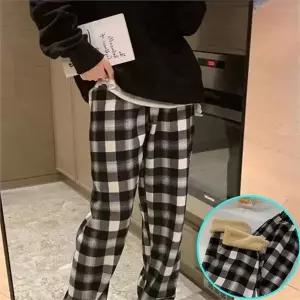 잠옷 바지 극세사 수면 따뜻한 체크 바지 겨울 밴딩 하의 파자마 실내복 기모 웨어 루즈핏 뽀글이 와이드