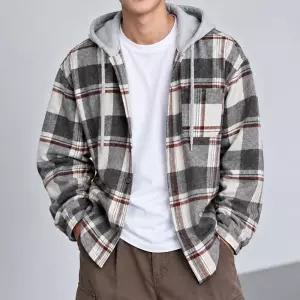 남성 기모 체크셔츠 후드 루즈핏 빅사이즈 겨울 남방 캐주얼 데일리