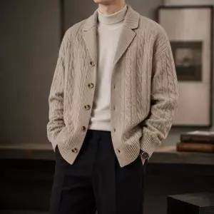 남성 꽈배기 니트 카디건 두꺼운 카라 단추 가을 겨울 스웨터