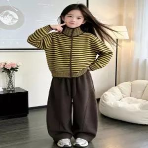 스트라이프 니트 집업 기모 와이드 팬츠 R26503
