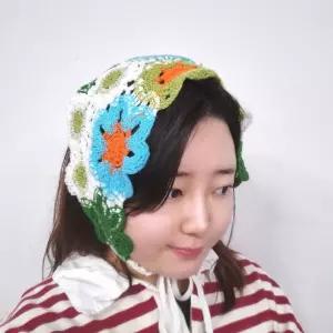 레이어드 넥카라 블루 스카프 꽃무늬 니트두건 핑크 2컬러