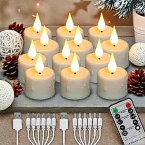 USB 타이머로 충전식 LED 양초 원격 깜박이는 불꽃 웨딩 생일 홈 장식 Tealights 충전기 촛불 램프