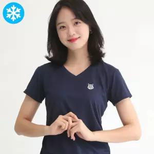 멋지군 쿨 브이넥 여성 반팔 쿨론 냉감 기능성 아이스티셔츠 빅사이즈 흰고양이 V넥 캐릭터자수