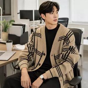 니트 가디건 남성 루즈핏 체크자켓 레이어드 아우터 봄 가을 2컬러