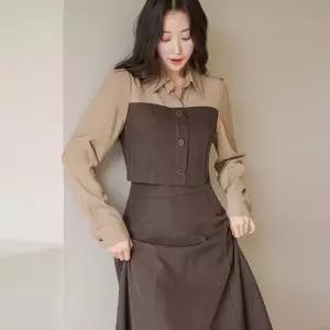 [루이스엔젤] 포니엘 뷔스티에 배색 A라인 플레어 롱 원피스