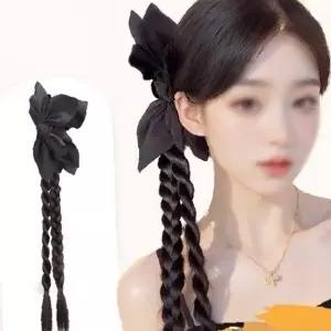 검정 리본 긴 땋은 머리 가발 집게핀 헤어피스 한복 전통 무용 발표회 웨딩 촬영