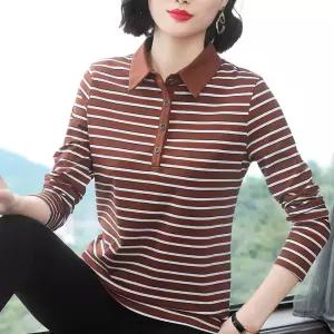여성 간절기 스트라이프 카라 단추 긴팔 골프 티셔츠